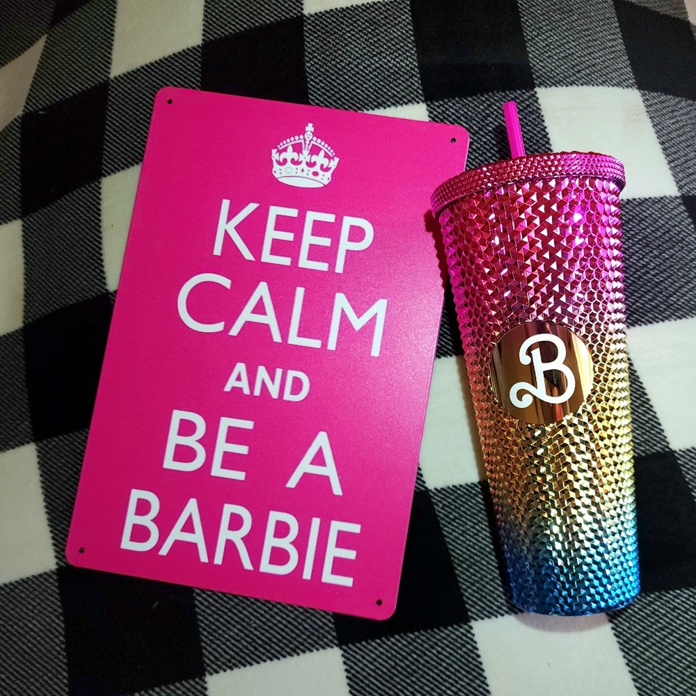 New! Barbie Studded metalic multicolor colored 24oz Tumbler + wall decor sign
